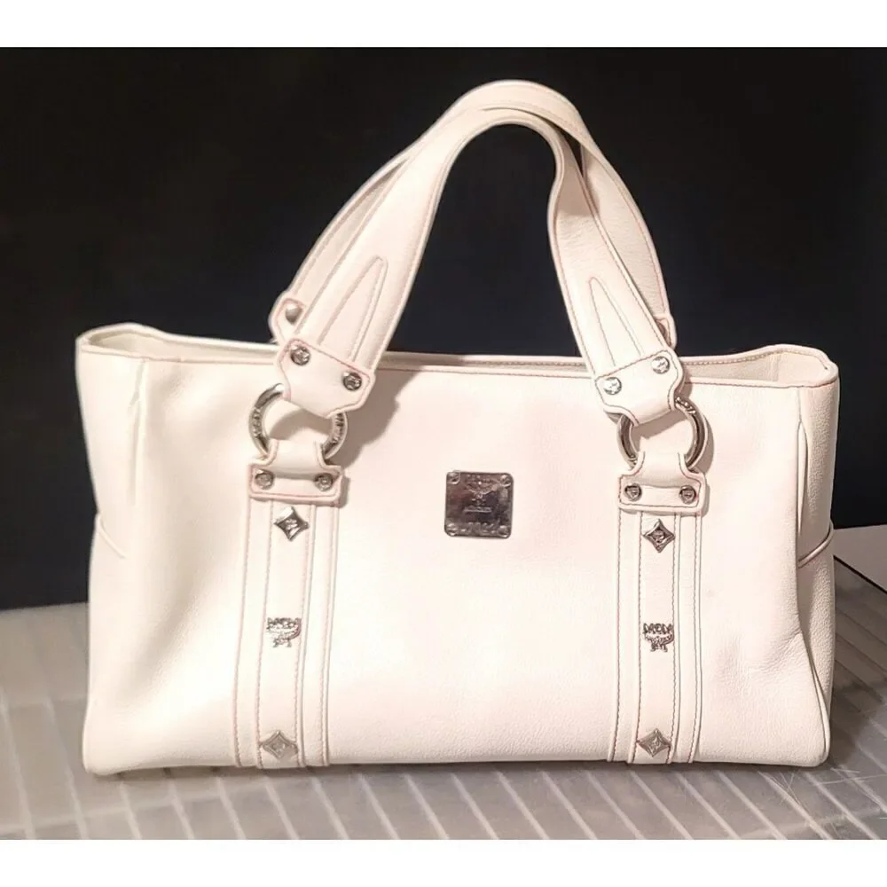 MCM White Leather Shoulder Bag with Red Stitching
